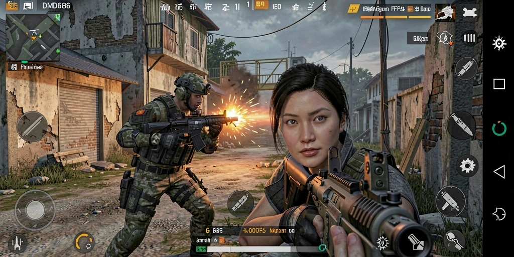 Screenshot utama dari gameplay DMD686 menunjukkan aksi tembak-menembak yang intens.